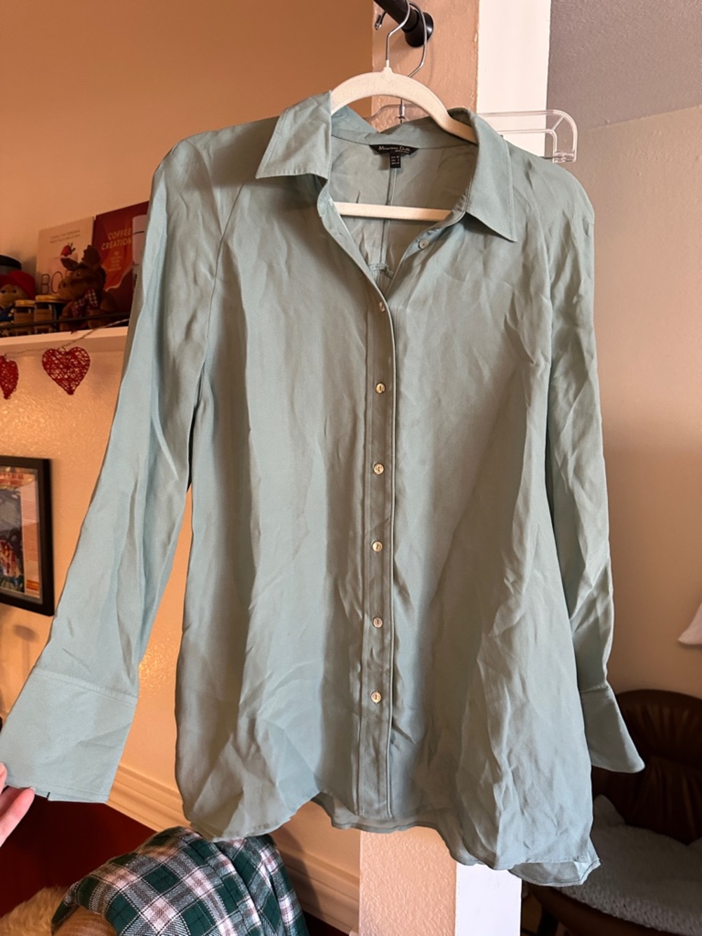 Massimo Dutti - Light Sage/Aquamarine Button-Up Blouse, size 6